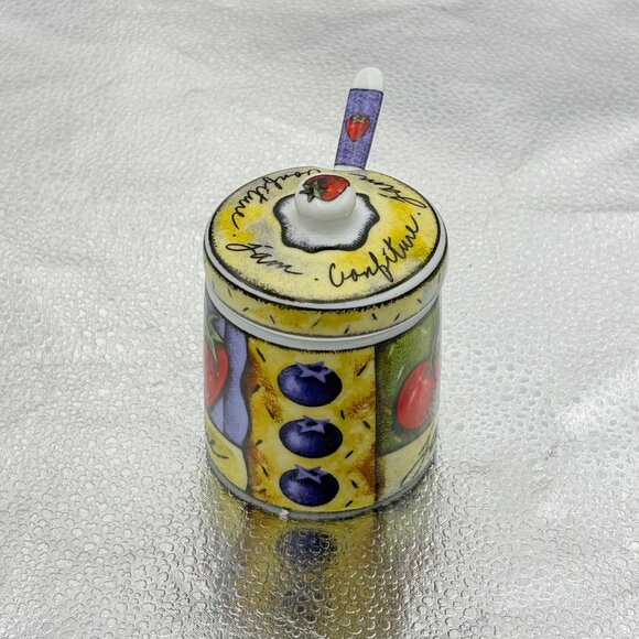 Hand-Painted Fruit-Themed Porcelain Jam Jar With Lid & Spoon‎ Set By MSC Berries - Picture 2 of 16
